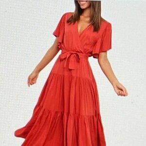 Orniya Women's Belted Surplice Flutter Sleeve Maxi Dress in Size 8 in Orange